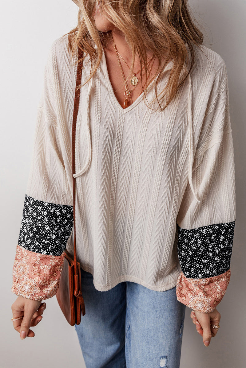 Beige Floral Patchwork Textured Drawstring V Neck Top