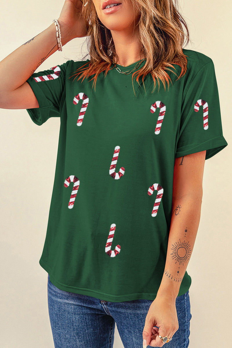 Green Christmas Candy Cane Round Neck T Shirt