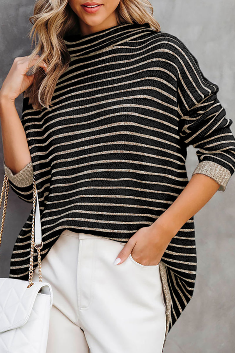 Black Striped Turtleneck Long Sleeve Sweater