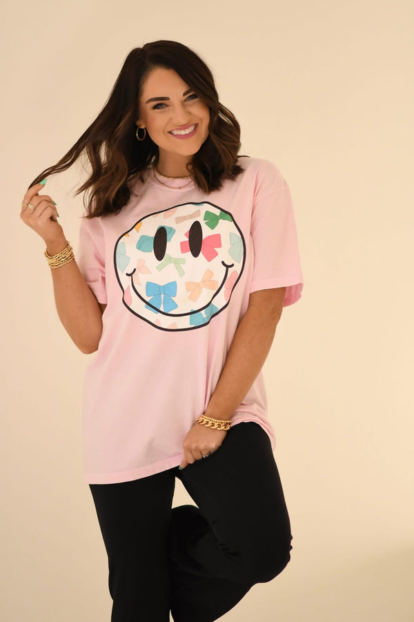 Bow smiley pink tee (adult and youth)