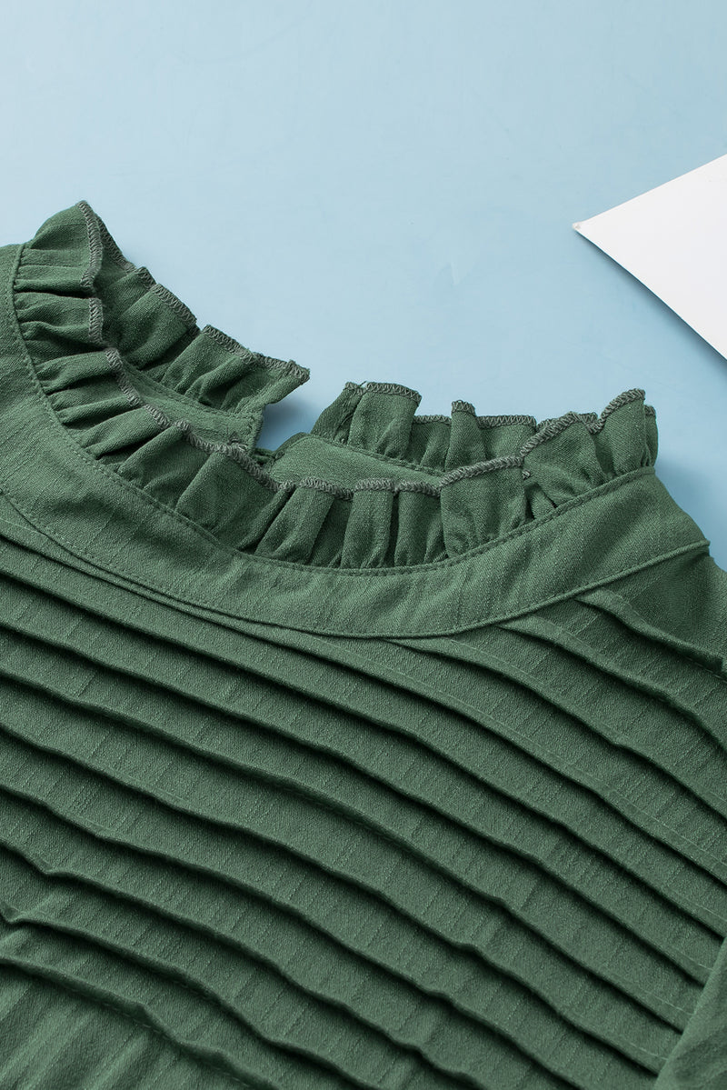 Green Ruffled Solid Color Pleated Long Sleeve Blouse