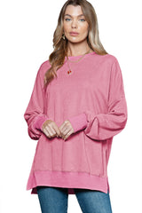 Pink Plain Drop Shoulder Ribbed Trim Oversized Sweatshirt