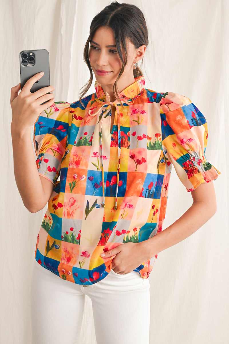 Multicolour Boho Floral Checkered Frill V-Neck Blouse