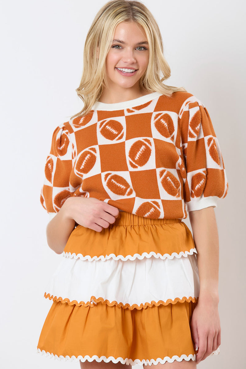 Orange Rugby Checkered Color Block Puff Sleeve Knit Top