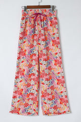 Red Gorgeous Floral Print Drawstring Smocked High Waist Pants