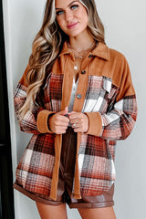 Khaki Plaid Patchwork Flap Pockets Buttoned Shacket