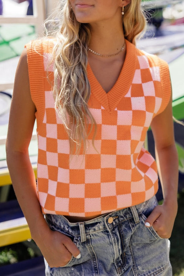 Russet Orange Checkered V Neck Knitted Sleeveless Top