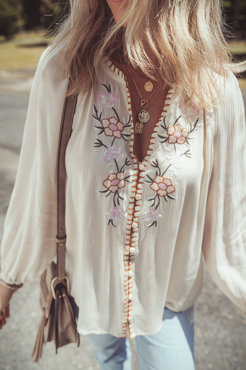 Beige Floral Embroidered Crinkle Puff Sleeve Loose Blouse