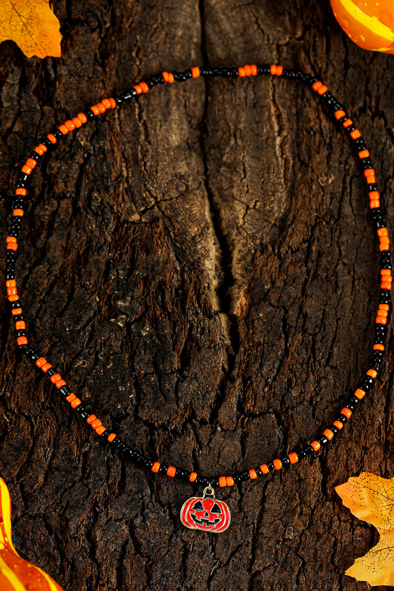 Orange Pumpkin Face Pendant Rice Beaded Halloween Necklace