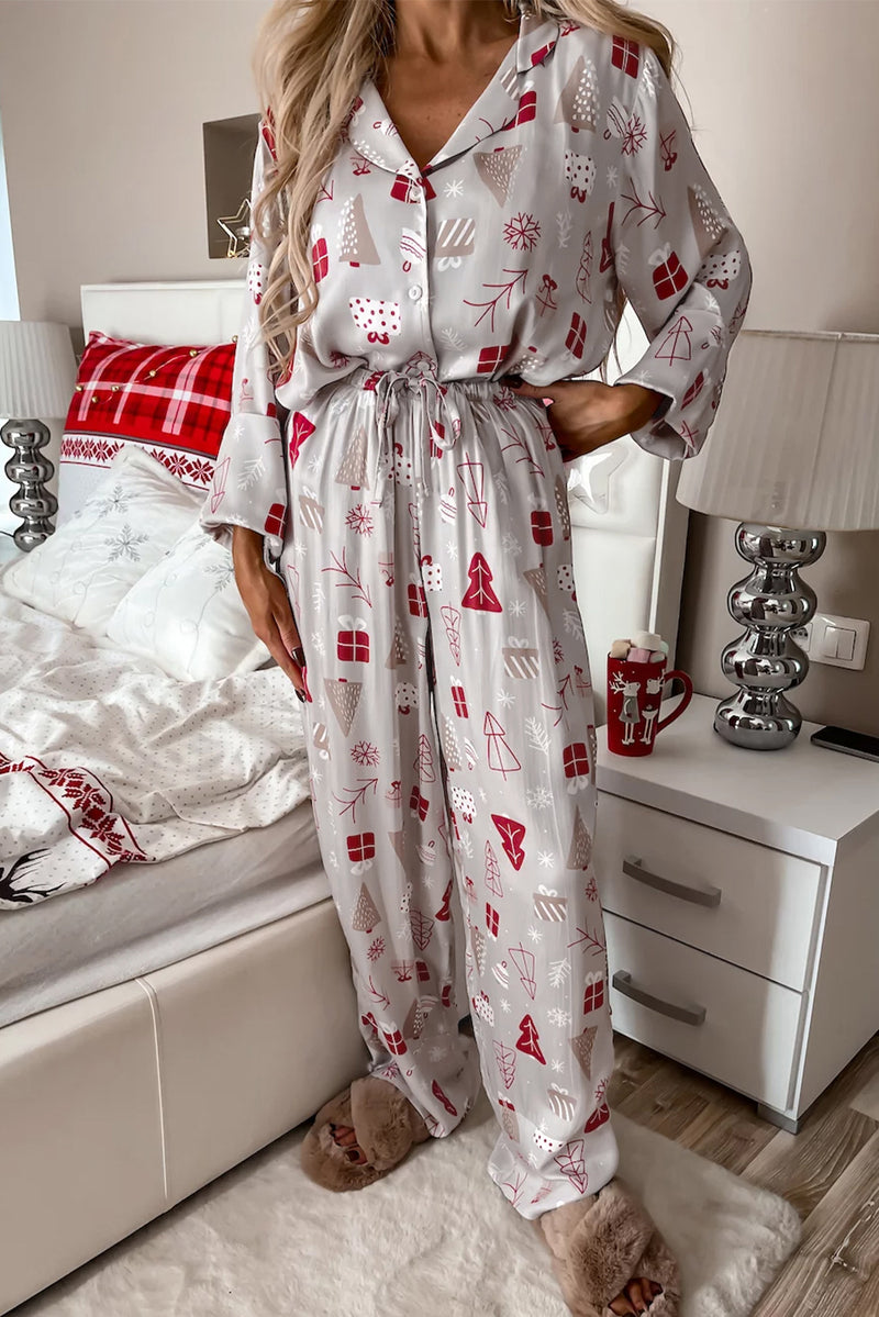 Light Grey Christmas Deer Printed Shirt and Pants Pajama Set