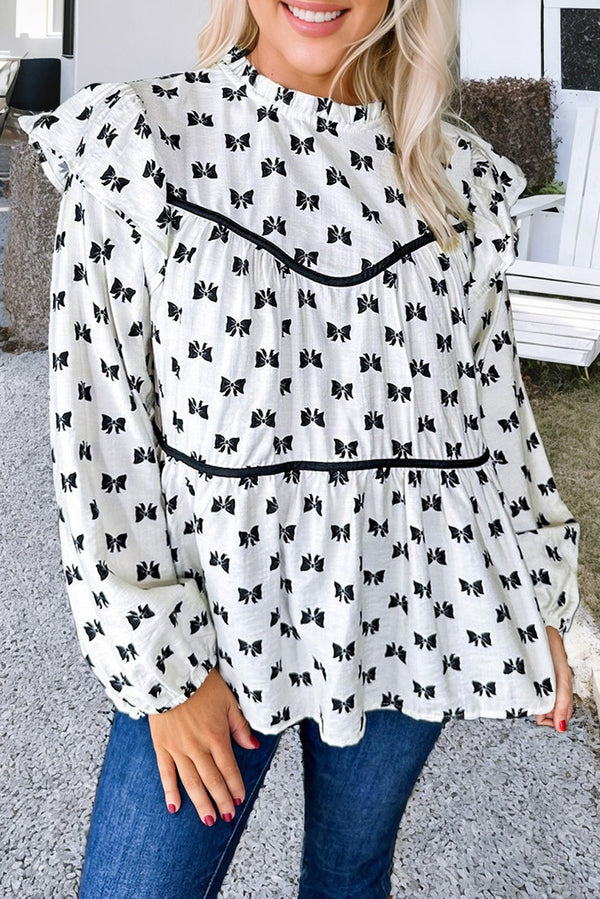 White Bowknot Print Frill Crew Neck Flowy Blouse