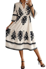 Beige Western Geometric Print 3/4 Sleeve Loose Midi Dress