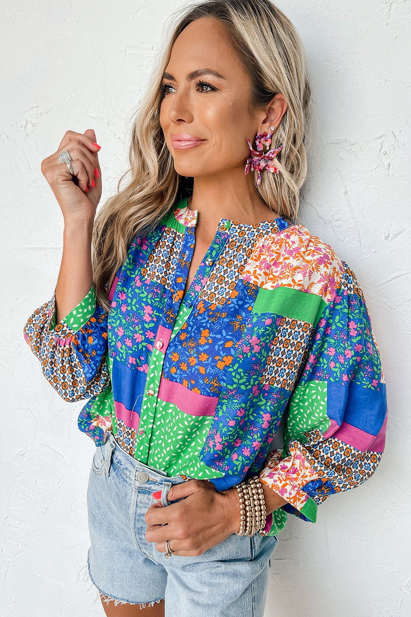 Multicolor Floral Patchwork Buttoned Puff Sleeve Shirt