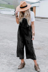 Black Distressed Bib Pocket Wide Leg Denim Overall