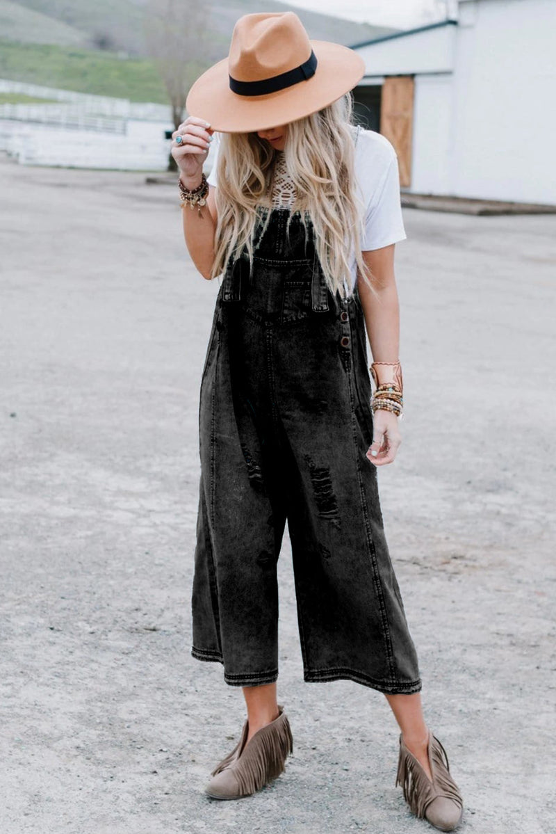 Black Distressed Bib Pocket Wide Leg Denim Overall