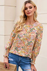 Yellow Floral Print Smocked Cuffs Long Sleeve Blouse