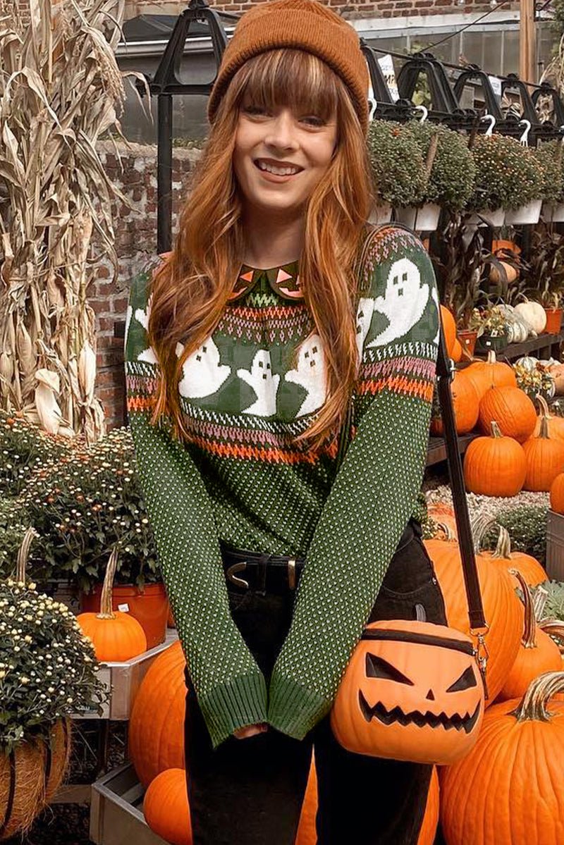 Jungle Green Halloween Ghost Pattern Drop Shoulder Sweater