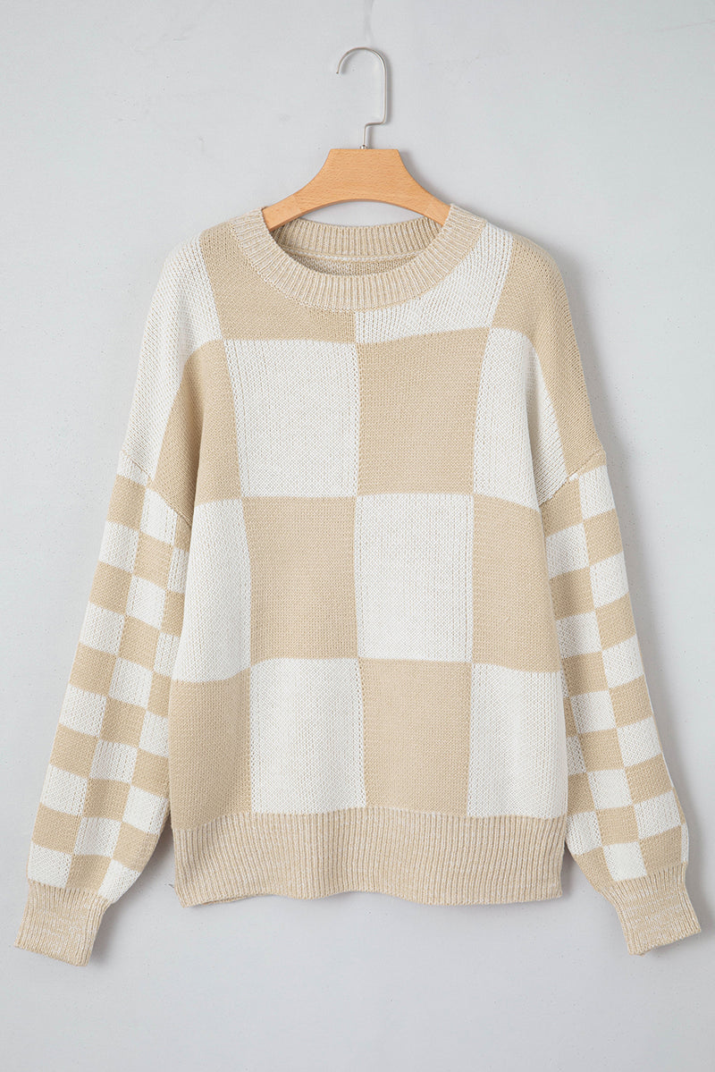 Flaxen Plaid Knitted Drop Shoulder Sweater