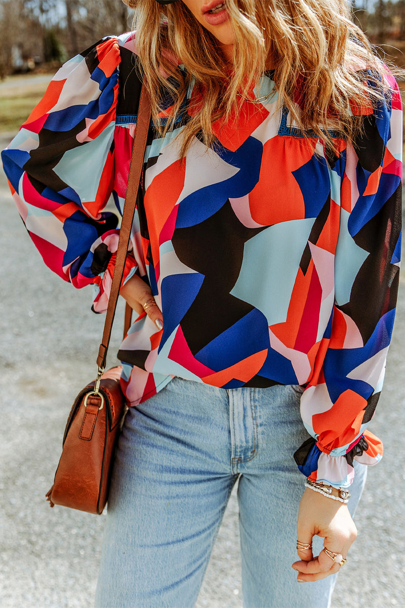 Multicolor Casual Abstract Print Puff Sleeve Blouse