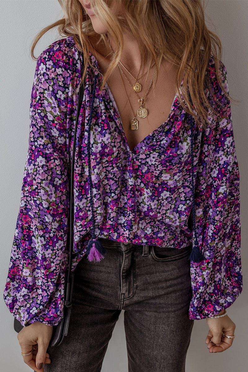 Purple Boho Ditsy Floral Split V Neck Bubble Sleeve Blouse