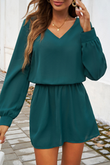 Evergreen Solid Color Long Sleeve V Neck Bubble Sleeve Dress