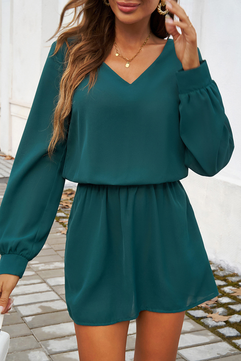 Evergreen Solid Color Long Sleeve V Neck Bubble Sleeve Dress