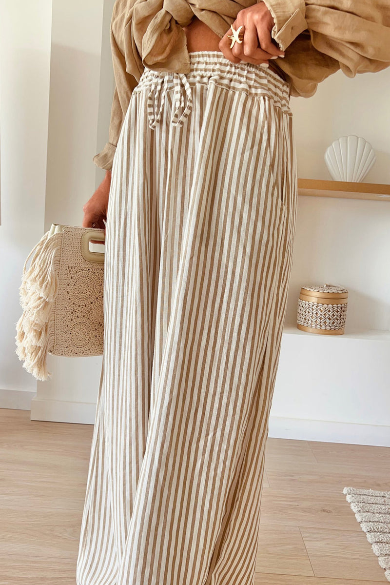 Khaki Striped Drawstring Waist Plus Size Wide Leg Pants