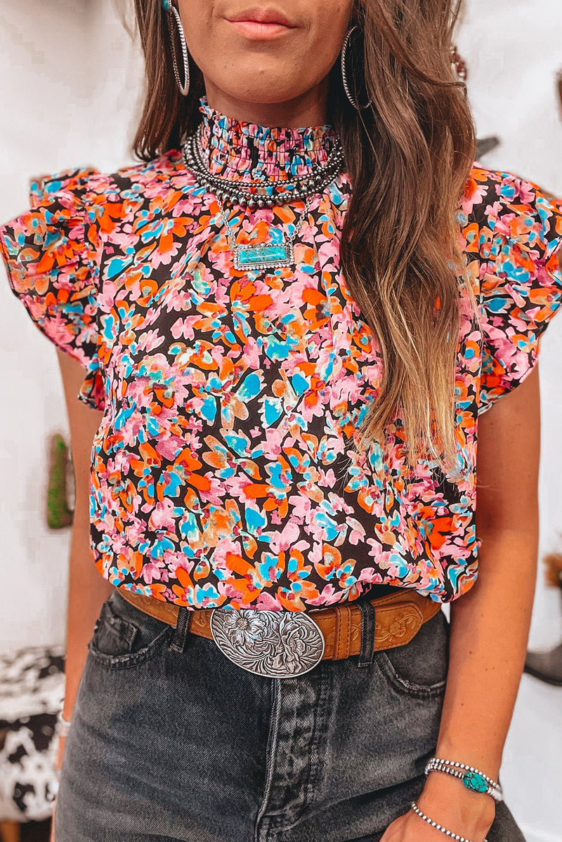 Orange Floral Print Smocked Neck Flutter Shoulder Blouse