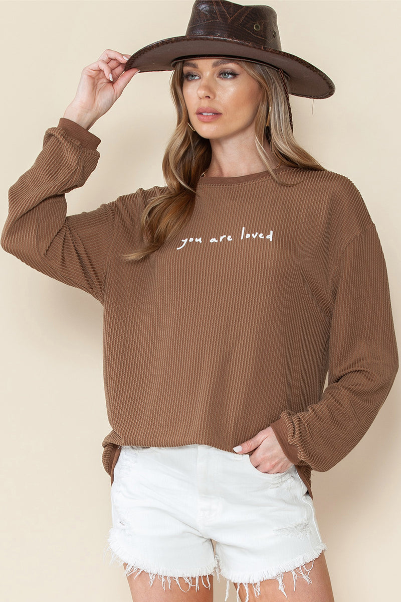 Khaki You Are Loved Print Corduroy Sweatshirt