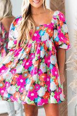 Rose Floral Print Square Neck Short Puff Sleeve Dress