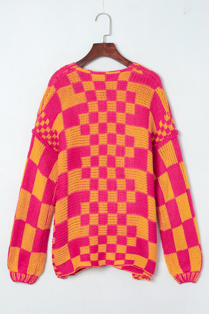 Rose Red Colorblock Checked Open Front Knitted Cardigan