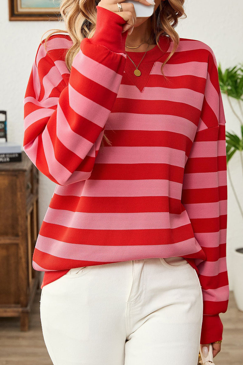 Red Stripe Round Neck Drop Shoulder Sweatshirt