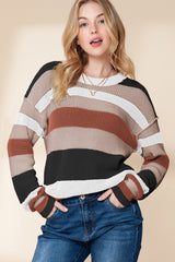 Camel Ribbed Round Neck Color Block Knitted Sweater