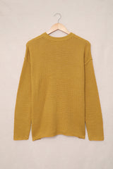 Yellow Drop Shoulder Henley Pullover Sweater With Slits