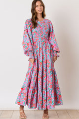 Sky Blue Boho Floral Print Smocked Lantern Sleeve Tiered Maxi Dress