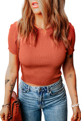 Tomato Red Ribbed Knit Crewneck Crop T Shirt