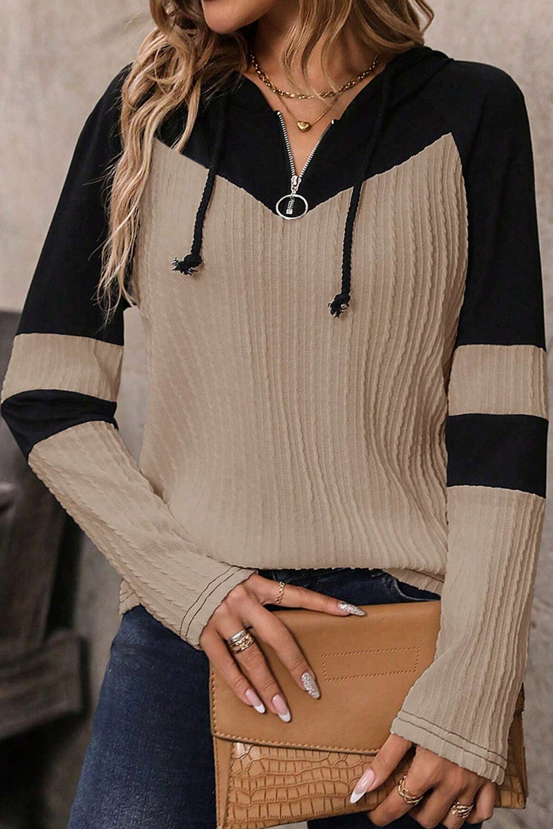 Parchment Textured Patchwork Long Sleeve Hooded Top