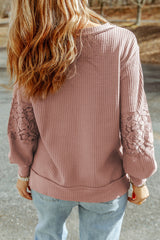 Apricot Lace and Waffle Knit Crisscross Straps V Neck Long Sleeve Top