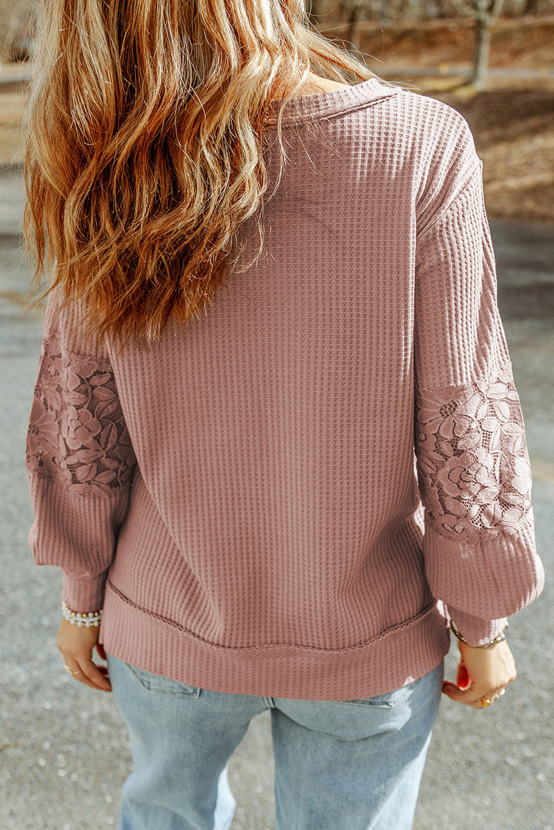 Apricot Lace and Waffle Knit Crisscross Straps V Neck Long Sleeve Top