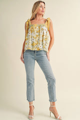 Yellow Floral Patchwork Boho Knot Straps Top