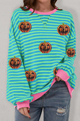 Blue Stripe Funny Halloween Pumpkin Face Oversize Graphic Sweatshirt