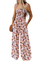 Blue Floral Square Neckline Stretch High Waist Jumpsuit