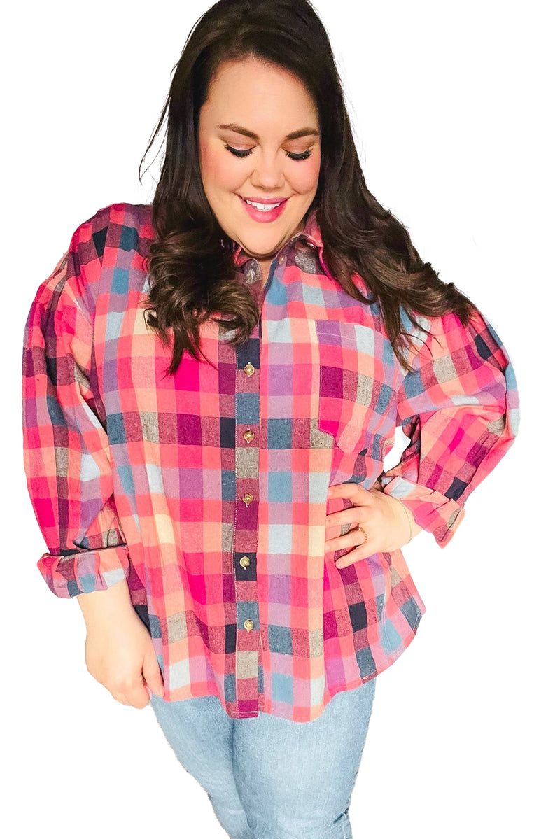 Rose Checkered Print Button-up Plus Size Shirt