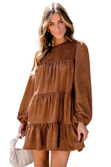 Chestnut Floral Lace Crochet Tiered Ruffle Mini Dress