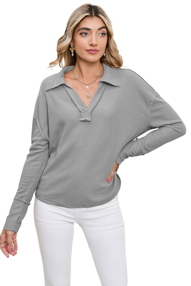 Brown V Neck Collared  Retro Waffle Long Sleeve Top