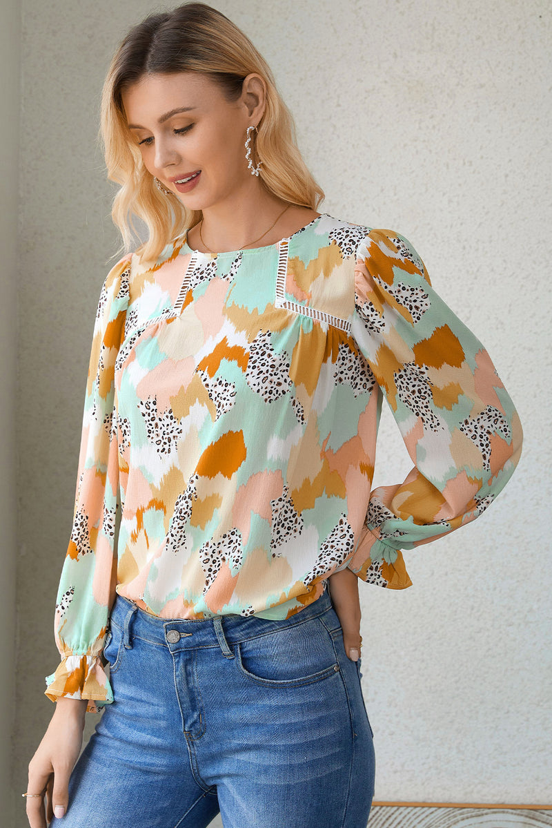 Multicolor Abstract Print Boho Ruffle Puff Sleeve Blouse