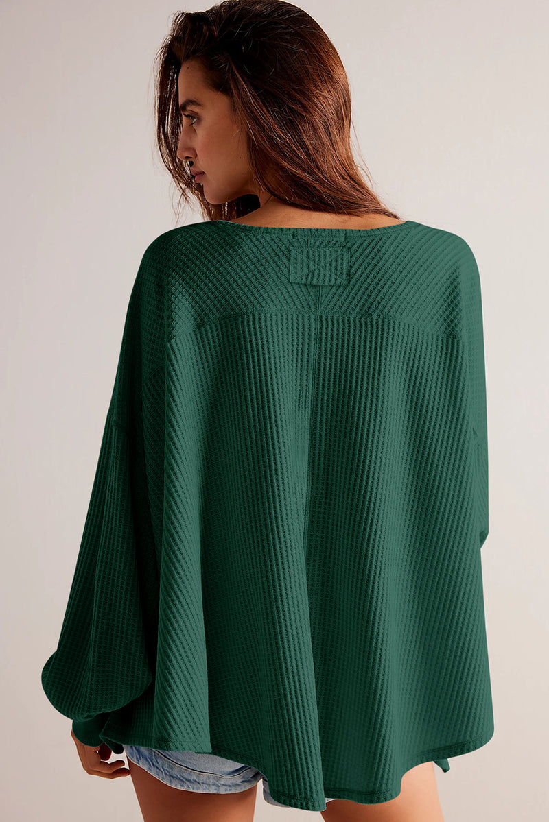 Blackish Green Waffle V Neck Drop Shoulder Loose Top