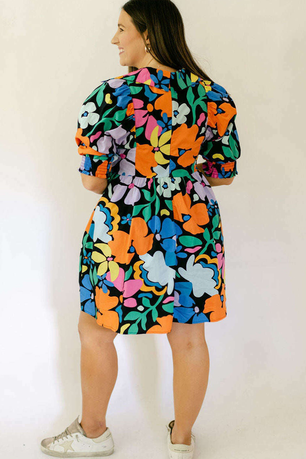 Blue Floral Print Collared Split V Neck Flared Plus Size Mini Dress