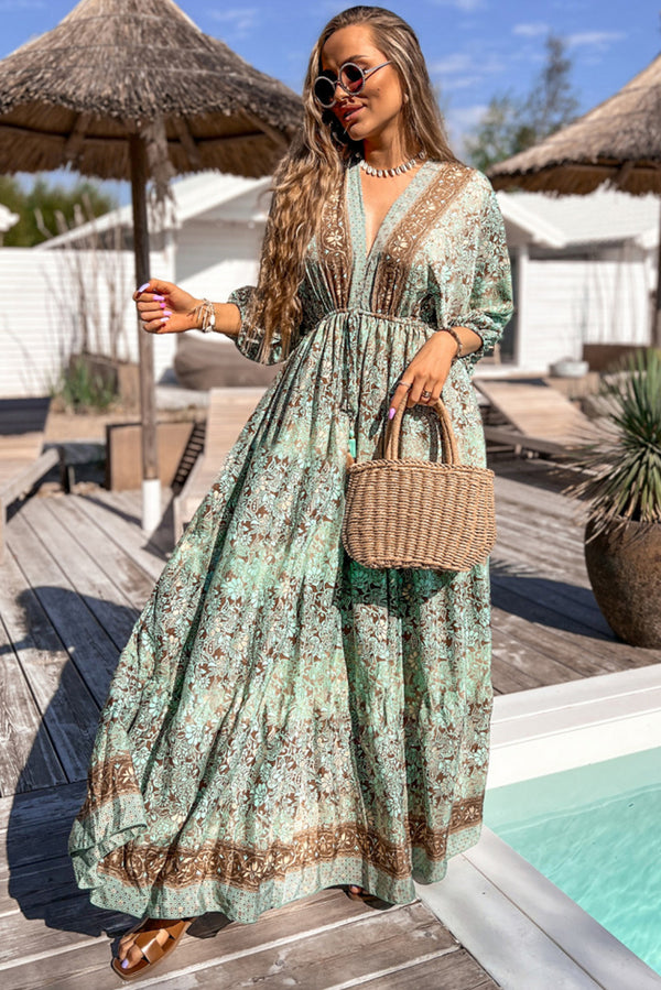 Green Boho Floral Print Backless Drawstring High Waist Maxi Dress