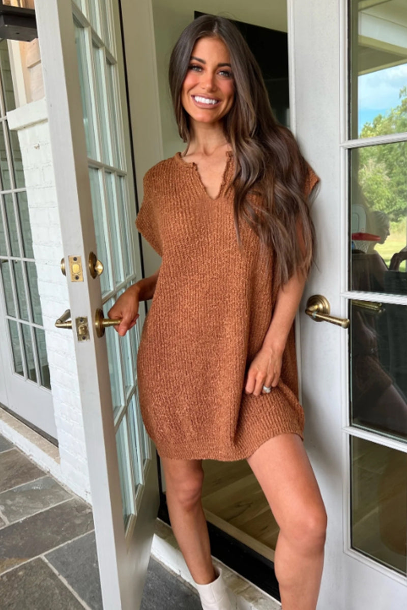 Camel V Neck Loose Fit Mini Knitted Dress